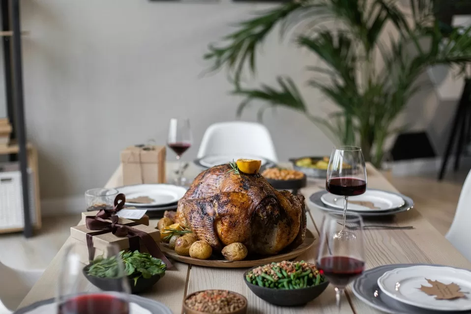 Fried turkey on a platter with a beautiful tablescape