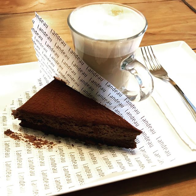 Divine chocolate cake and coffee at Landeau Chocolate in Lisbon, Portugal