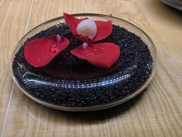 Frozen lychee and gin dew drops at Disfrutar in Barcelona