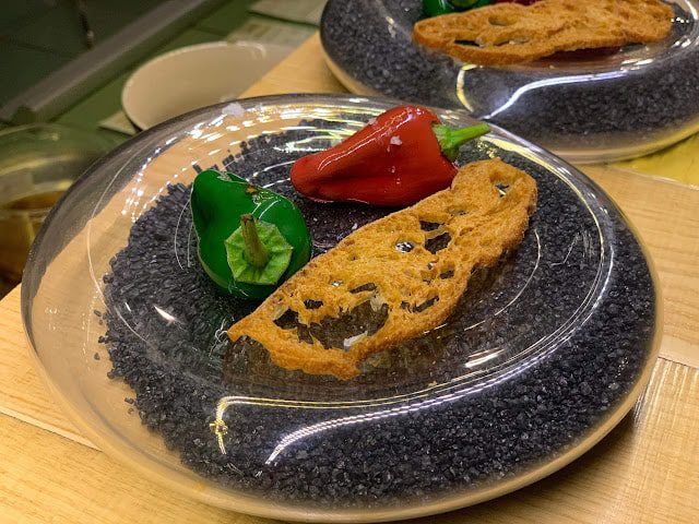 Dish of Chocolate "peppers" at Disfrutar in Barcelona