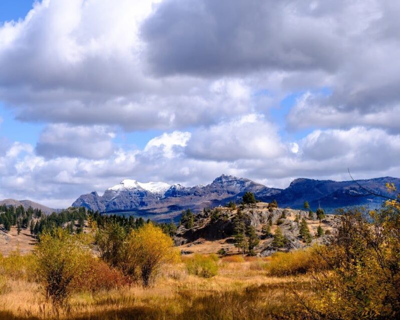 Golden fields, mountains and blue skies on Slough Creek trail in Yellowstone
