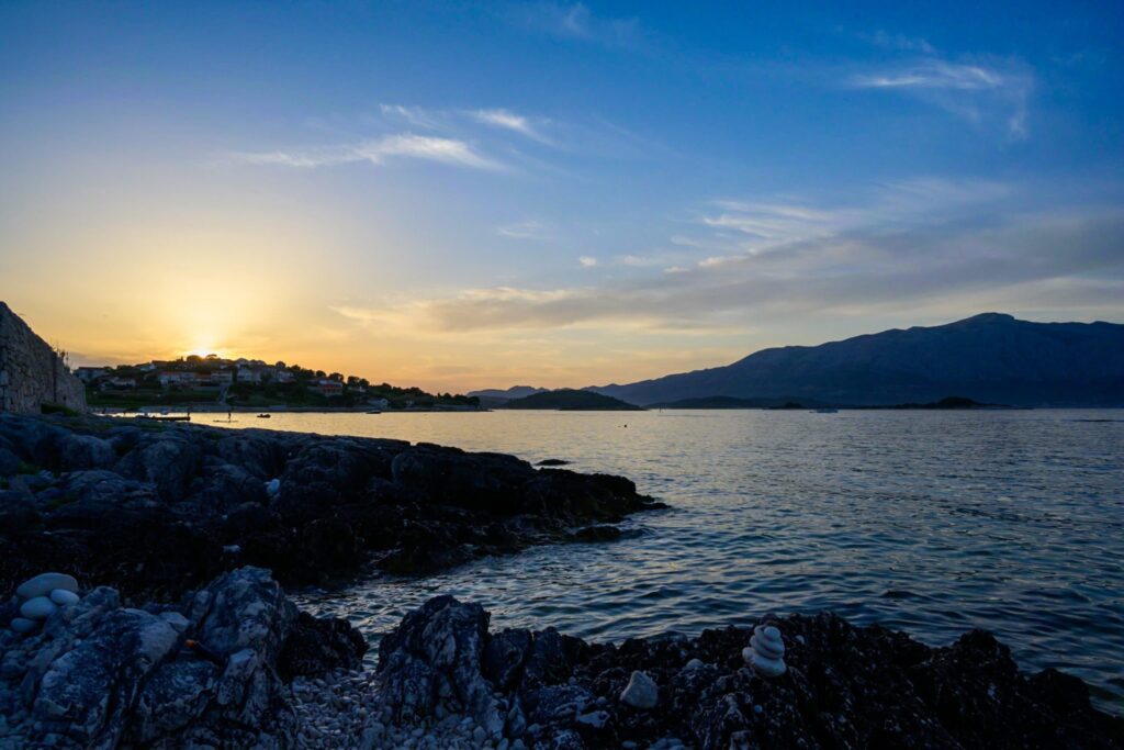 Golden sunset over the sea in Korcula, Croatia
