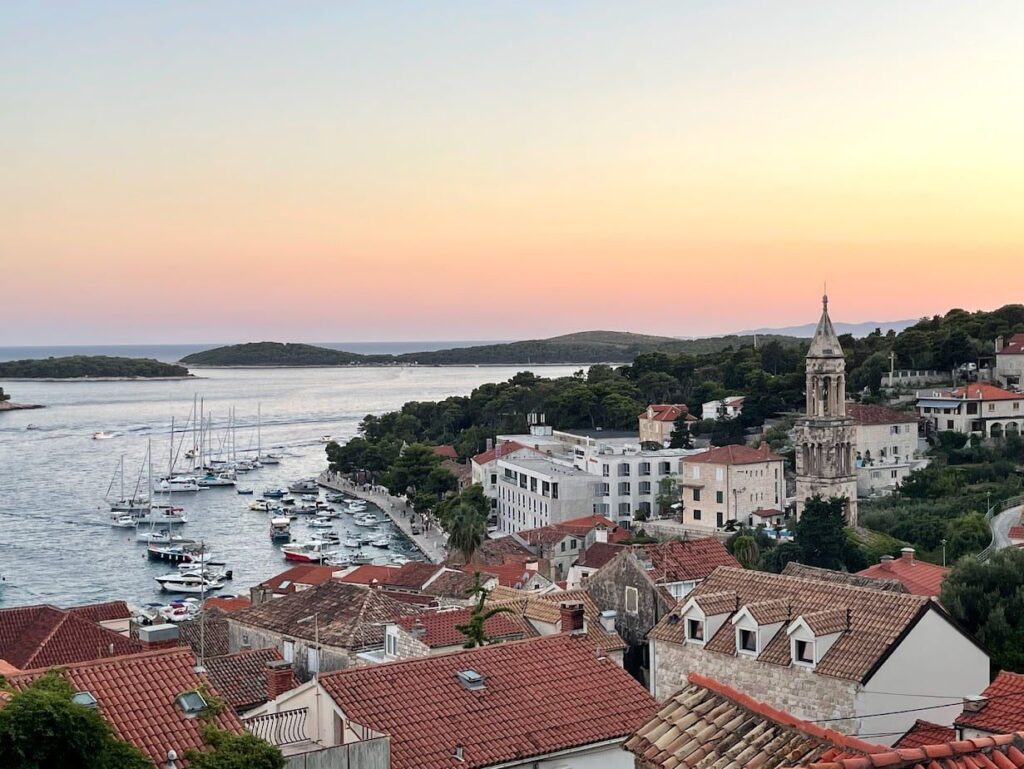 Sunset over Hvar coastline in Croatia