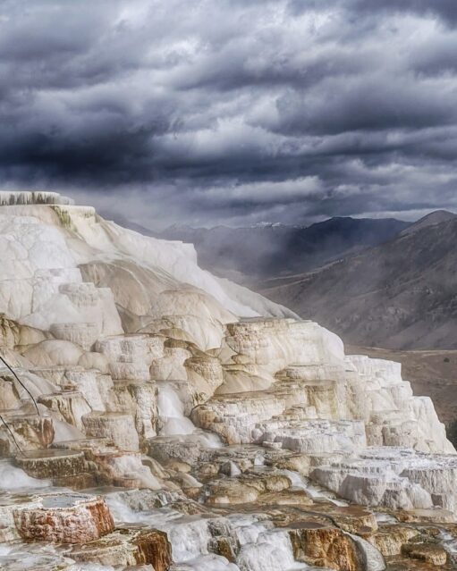 White travertine formations at Mammoth Hot Springs in Yellowstone