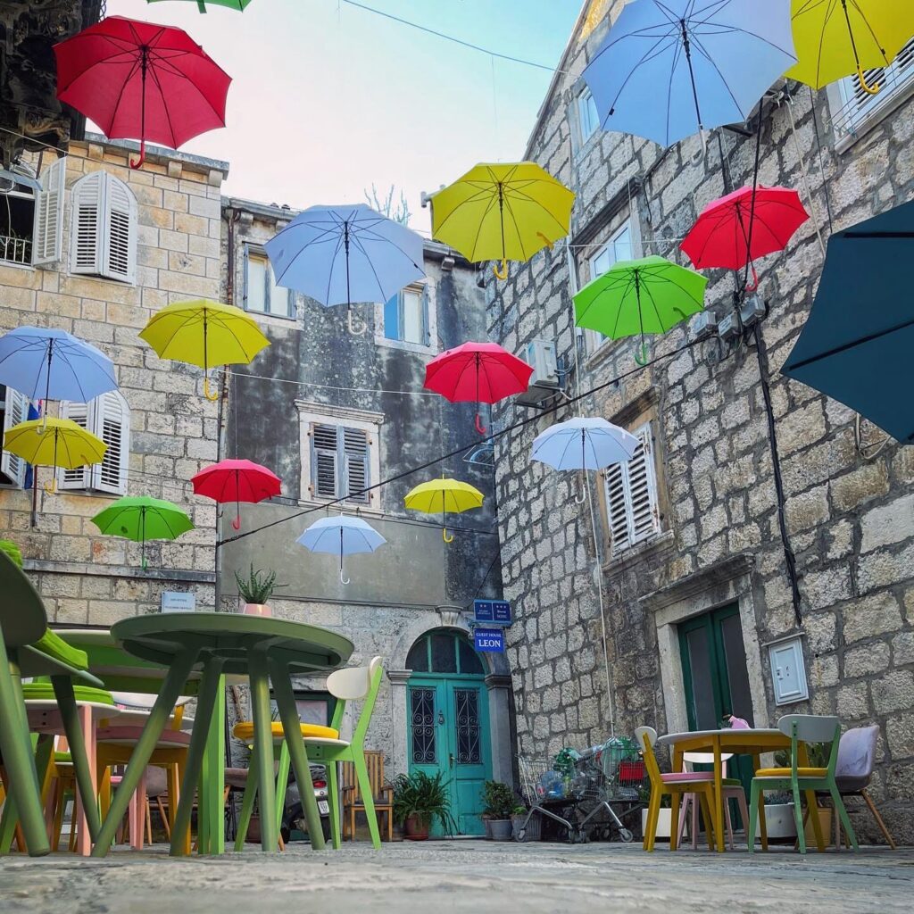 Umbrella art installation over Korcula, Croatia