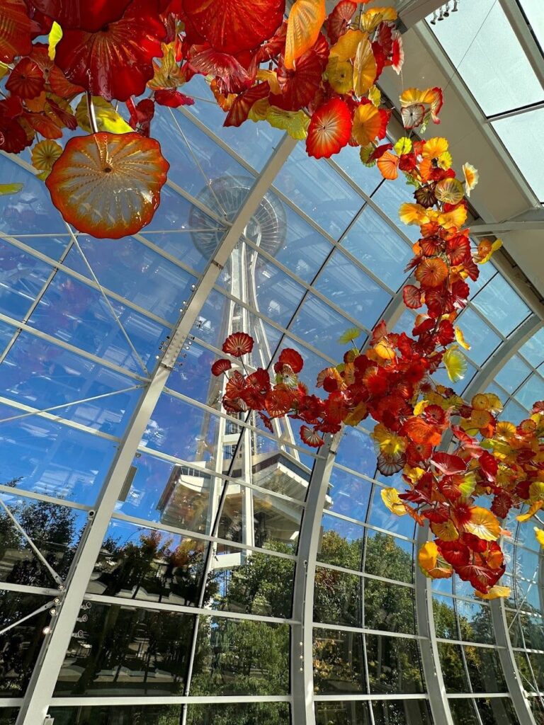 View of Space Needle from Chihuly Garden in Seattle with Kids