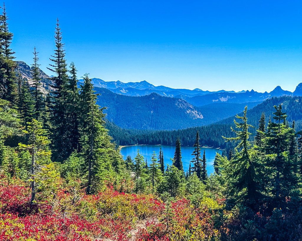 View of mountains at Naches Peak Loop in Mt. Rainier National Park seen while visiting Seattle with kids