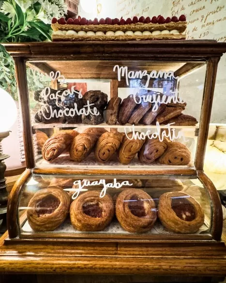 Breakfast pastries in a case in Mexico City at Panaderia Rosetta