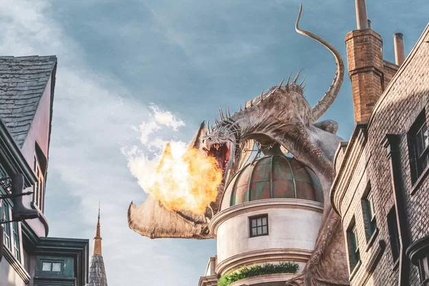 Dragon breathing fire in the Harry Potter section of Universal Orlando