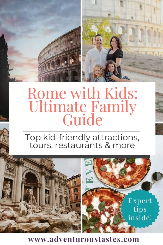 Rome with kids: Ultiate family guide | Top kid-friendly attractions, tours, restaurants, & more | Expert tips insight from Adventurous Tastes
4 images of Rome - Colosseum, mother, father, and two daughters posing in front of Colosseum, Trevi Fountain, and two pizzas seen from overhead