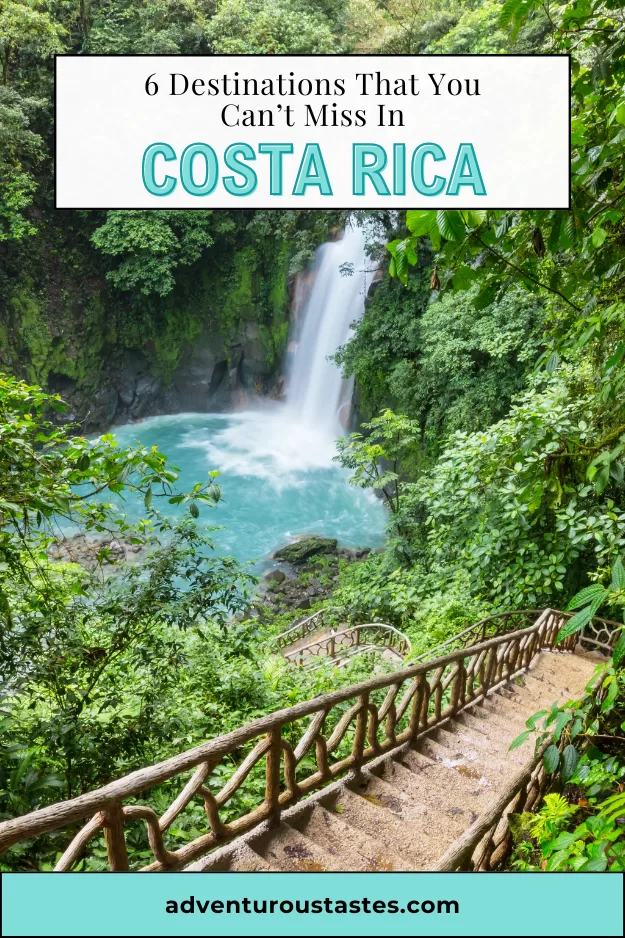 6 best places to go in Costa Rica from Adventurous Tastes - Visiting a waterfall, like this turqouise one surrounded by lush jungle, is one of the best things to do in Costa Rica