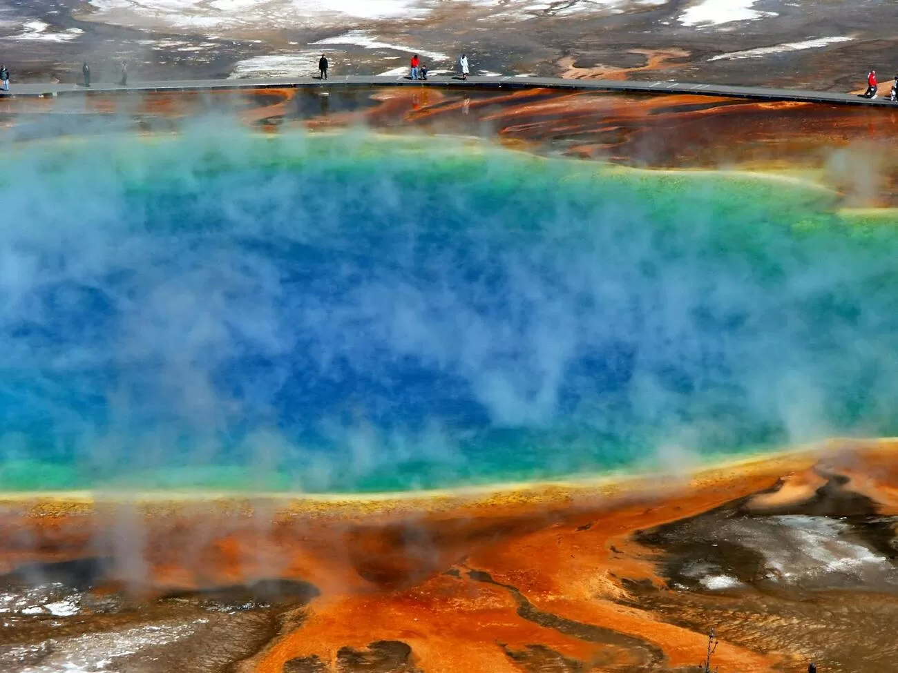 brightly colored Grand Prismatic springs in Yellowstone