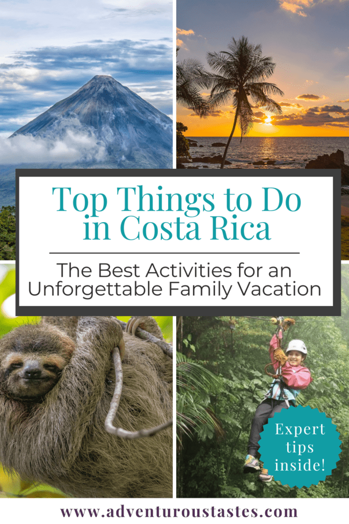 Top things to do in Costa Rica The best activities for an unforgettable famiy vacation from Adventurous Tastes
4 images of Arenal Volcano, a beach at sunset, a sloth hanging from a tree, and a girl ziplining in Monteverde