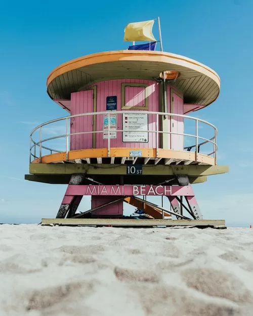 Pink lifeguard stand in Miami Beach FL