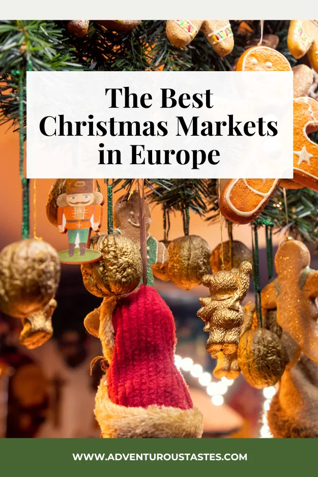 The best Christmas markets in Europe from Adventuroustastes.com - close up of Christrmas tree ornaments being sold at a Chrismas market stand